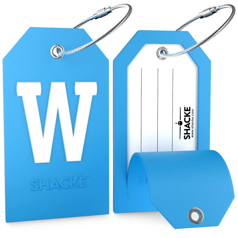 Shacke Initial Luggage Tag with Full Privacy Cover and Stainless Steel Loop - Aqua Teal (Letter W) - Image 2